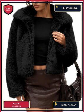 Two-Tone Faux Fur Cropped Jacket Fluffy Lapel Coat
